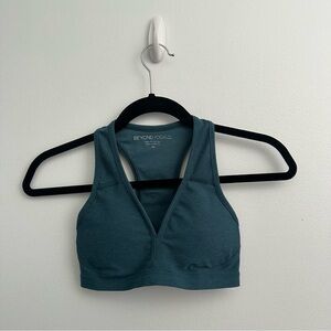 Beyond Yoga teal spacedye lift your spirits bra